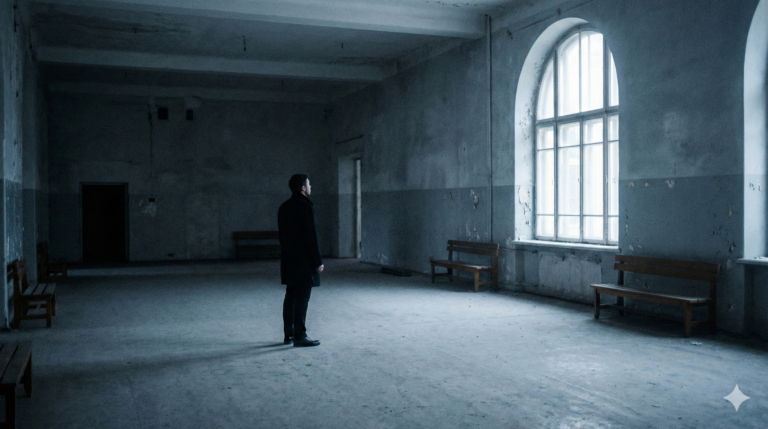 A solitary person standing still in an empty space, representing life without purpose