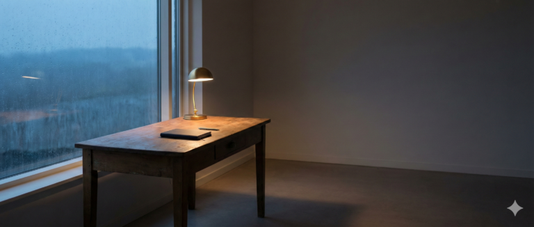 A quiet workspace with an empty desk by a rain-streaked window, symbolizing focus and endurance
